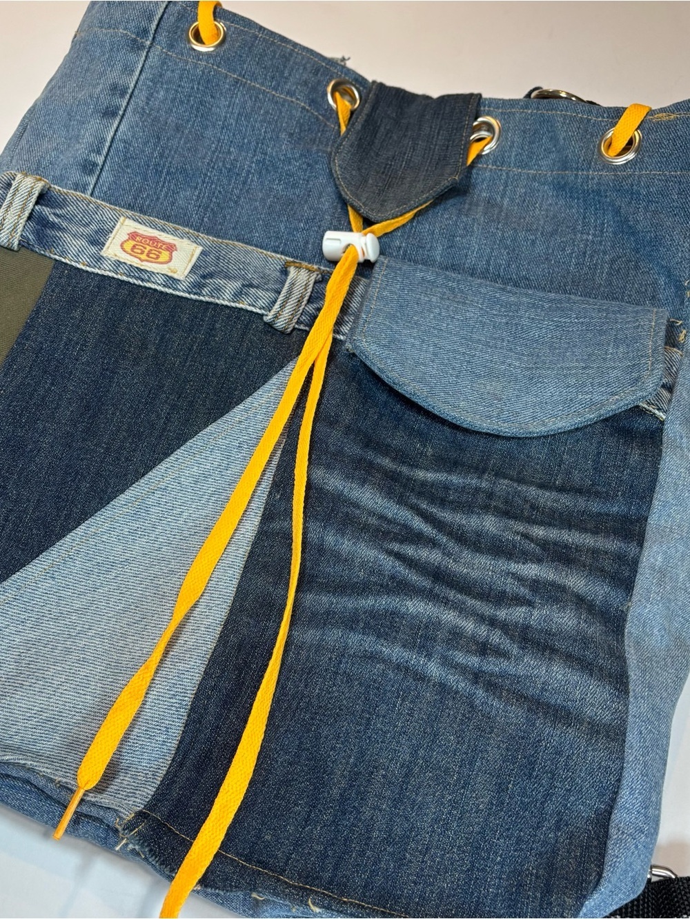 90’s Route 66 Jeans Purse Tote Bag Lined Handmade Denim Pockets Patchwork